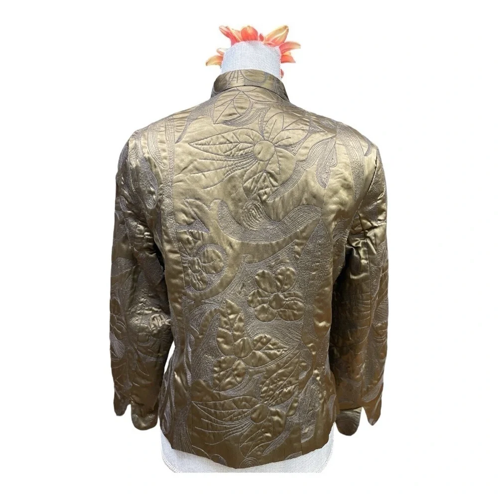 Coldwater Creek Luxe Quilted Silk Jacket Blazer Olive Green SP Mandarin Collar